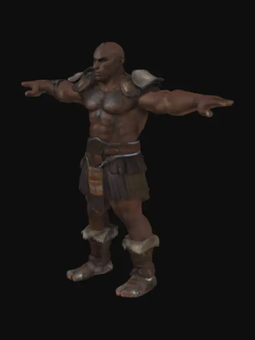 3D model for "Create a 4K realistic, full-body fantasy warrior in T-pose, unarmed. Use a muscular body with dark skin, fierce eyes, strong jawline, and realistic facial details. Integrate rugged tribal armor with fur-lined pauldrons, leather straps, layered cloth, metal plates, and intricate carvings. Worn battle gear with war paint, scars, and dirt. Heroic stance, detailed textures, and lifelike proportions, ready for a fantasy game character.", #fairy#, 


