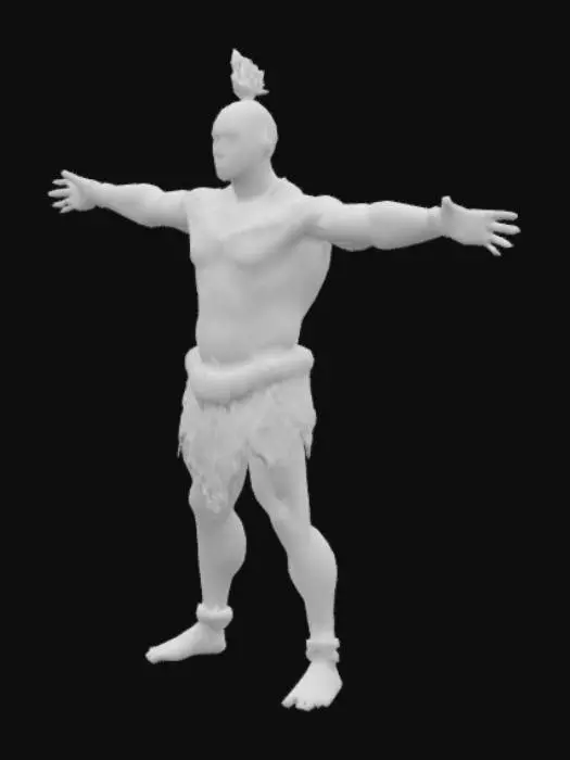 3D model for Hyperrealistic 30-year-old Zulu warrior in perfect T-pose, barefoot, muscular with deep brown matte skin, calm intense face, short warrior knot, tribal tattoos (blue, black, ochre) on chest, arms, back. Rugged dark leather loincloth, matte, frayed. Neutral gray background, soft even lighting, no blur, no gloss, full-body 4K clarity, game-ready anatomy, clean for rigging.

