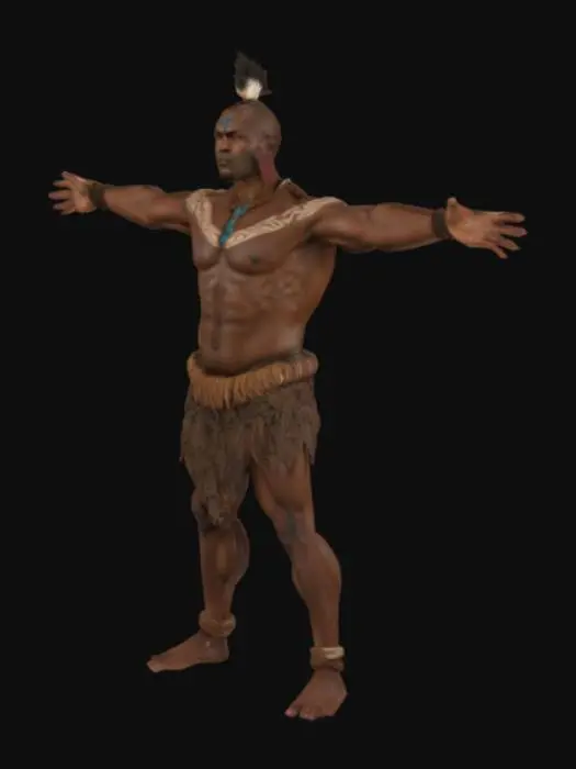 3D model for Hyperrealistic 30-year-old Zulu warrior in perfect T-pose, barefoot, muscular with deep brown matte skin, calm intense face, short warrior knot, tribal tattoos (blue, black, ochre) on chest, arms, back. Rugged dark leather loincloth, matte, frayed. Neutral gray background, soft even lighting, no blur, no gloss, full-body 4K clarity, game-ready anatomy, clean for rigging.


