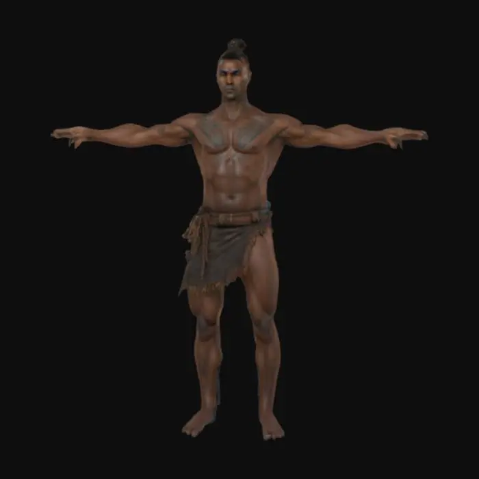 3D model for Hyperrealistic 30-year-old Zulu warrior in perfect T-pose, barefoot, muscular with deep brown matte skin, calm intense face, short warrior knot, tribal tattoos (blue, black, ochre) on chest, arms, back. Rugged dark leather loincloth, matte, frayed. Neutral gray background, soft even lighting, no blur, no gloss, full-body 4K clarity, game-ready anatomy, clean for rigging.

