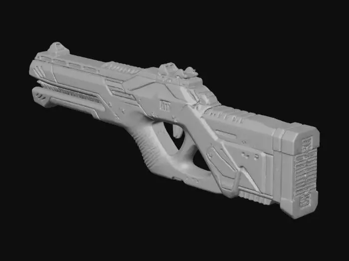 3D model for A futuristic weapon, primarily olive green and dark grey, constructed from sturdy, smooth metal. It features an elongated bronze-colored barrel with fine, linear ridged textures. The main body exhibits an angular, complex shape with vertical fins and two vibrant magenta-purple glowing horizontal strips on its side, indicating energy components. Mounted on a metallic bronze, articulating base, the design is robust and precise, hinting at advanced technology and rigid functionality.