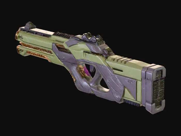 3D model for A futuristic weapon, primarily olive green and dark grey, constructed from sturdy, smooth metal. It features an elongated bronze-colored barrel with fine, linear ridged textures. The main body exhibits an angular, complex shape with vertical fins and two vibrant magenta-purple glowing horizontal strips on its side, indicating energy components. Mounted on a metallic bronze, articulating base, the design is robust and precise, hinting at advanced technology and rigid functionality.