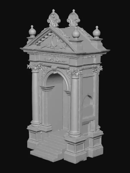 3D model for A highly detailed 1820s mausoleum, constructed from meticulously chiseled grey stone. Its ornate structure features intricate classical carvings and delicate architectural flourishes typical of the period, hinting at Neoclassical or Gothic Revival styles. Patches of vibrant green moss adhere to its weathered, textured stone surfaces, accentuating the deep grooves and contours. The solid, blocky form exudes a somber and monumental presence, with finely sculpted elements conveying historical craftsmanship and solemnity.
