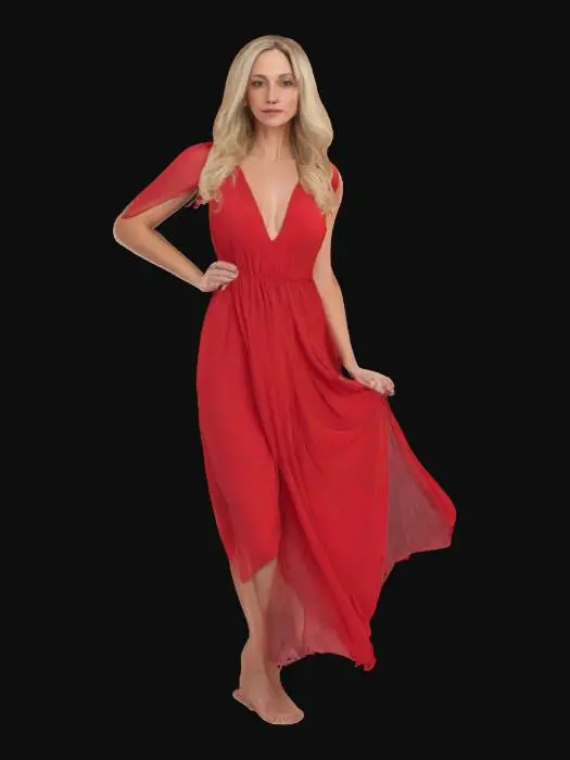 3D model for yüksek detaylı gerçekçi sarışın kadın, 30 lu yaşlarında güzel bir yüze sahip üzerinde kırmızı elbisesi ile seksi bir duruş sergilemeli