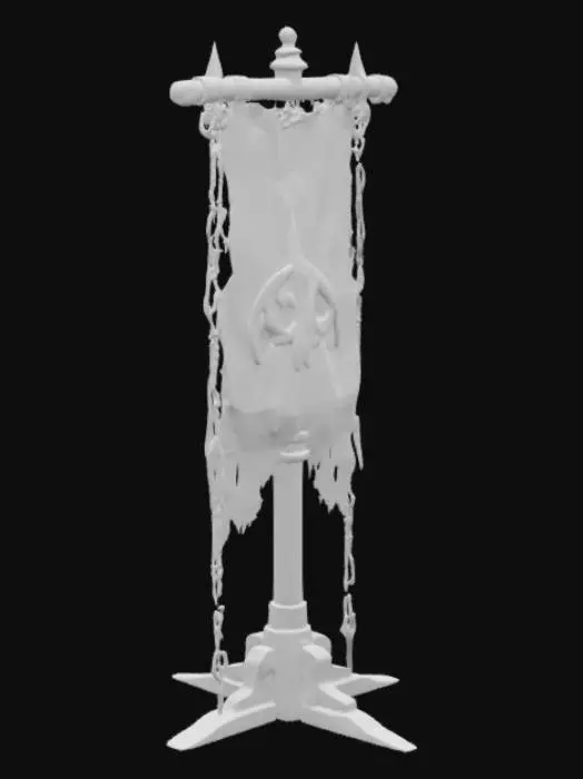 3D model for A stylized medieval war banner stand with a rugged, battle-worn design. The structure consists of a thick wooden post reinforced with jagged black metal plates and spikes. A tattered red banner with a dark emblem hangs from a sturdy wooden crossbeam, secured by heavy metal chains. The base is reinforced with sharp, uneven black metal, giving it a brutal, fortress-like appearance. The overall design is dark, powerful, and fitting for a fantasy or war-torn setting.