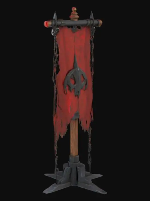 3D model for A stylized medieval war banner stand with a rugged, battle-worn design. The structure consists of a thick wooden post reinforced with jagged black metal plates and spikes. A tattered red banner with a dark emblem hangs from a sturdy wooden crossbeam, secured by heavy metal chains. The base is reinforced with sharp, uneven black metal, giving it a brutal, fortress-like appearance. The overall design is dark, powerful, and fitting for a fantasy or war-torn setting.