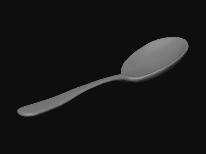 3D model for A soup-sized spoon, crafted entirely from polished stainless steel, exhibiting a brilliant silver color. The bowl is generously rounded and deep, designed for comfortable scooping of liquids, while the handle is sleek and tapers gracefully, maintaining the smooth, reflective finish characteristic of high-quality silverware.