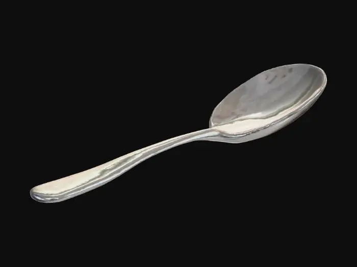 3D model for A soup-sized spoon, crafted entirely from polished stainless steel, exhibiting a brilliant silver color. The bowl is generously rounded and deep, designed for comfortable scooping of liquids, while the handle is sleek and tapers gracefully, maintaining the smooth, reflective finish characteristic of high-quality silverware.