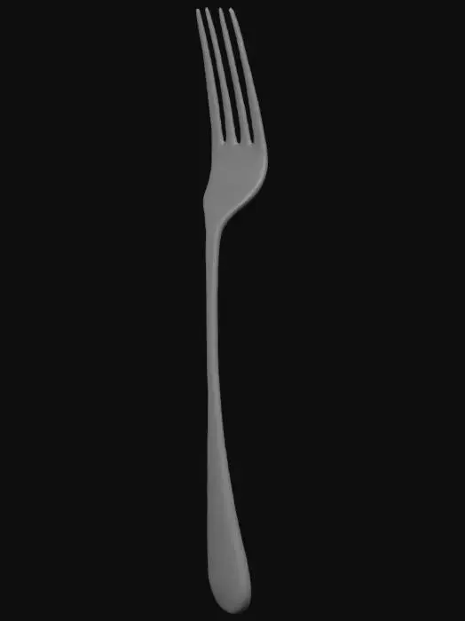 3D model for A pristine table fork, meticulously crafted from highly polished stainless steel. It presents a sleek, neutral silver hue across its entire surface, reflecting light with a soft, understated gleam. The tines are sharply defined and symmetrically spaced, leading to a gracefully tapered handle. Its texture is exceptionally smooth and cool to the touch, consistent with the refined finish of quality tableware, ensuring a clean and functional design.