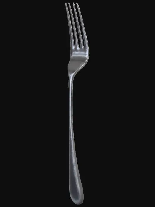 3D model for A pristine table fork, meticulously crafted from highly polished stainless steel. It presents a sleek, neutral silver hue across its entire surface, reflecting light with a soft, understated gleam. The tines are sharply defined and symmetrically spaced, leading to a gracefully tapered handle. Its texture is exceptionally smooth and cool to the touch, consistent with the refined finish of quality tableware, ensuring a clean and functional design.