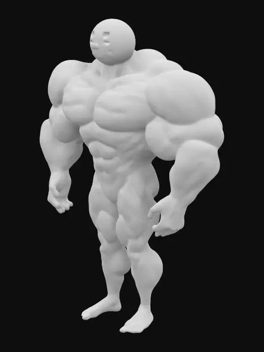 3D model for buff and muscular snowman with a face, carrot for nose, mouth, and buttons