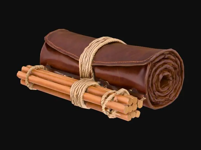 3D model for Folded leather tent and poles bundled together, everything stright, put together no background

