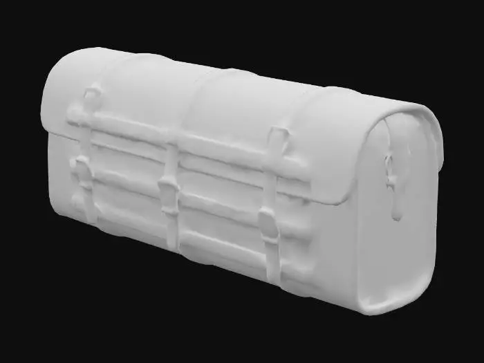 3D model for Long carriage saddle bage, with buckles and straps on the front, no background
