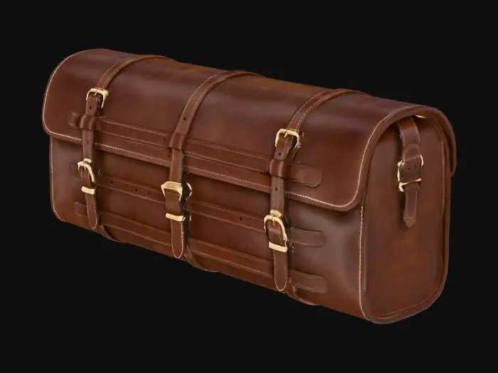 3D model for Long carriage saddle bage, with buckles and straps on the front, no background
