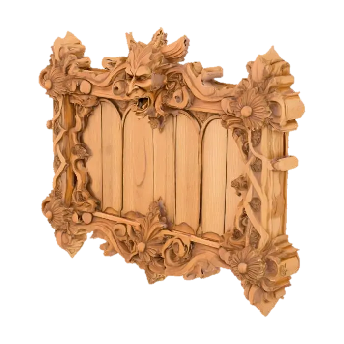 wooden blank sign, Medevial design, ornate, carved wood 3D model, vytvořený pomocí AI