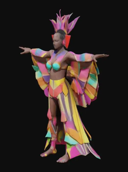 3D model for  The Muse Transformer
Description: A shapeshifting figure Standing in a T-pose. whose clothing and form adapt based on nearby art (e.g., becomes more vibrant near color-drenched work, geometric near minimalism).

Style Influence: afrofuturistic Avant-garde fashion + dynamic generative design

Signature Feature: Skin and outfit display animated textures reflecting artistic moods.

Personality: Curious, expressive, playful — acts as a living embodiment of inspiration.


