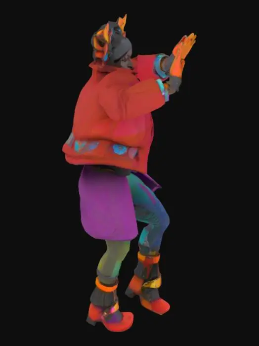 3D model for  The Muse Transformer
Description: A shapeshifting figure Standing in a T-pose. whose clothing and form adapt based on nearby art (e.g., becomes more vibrant near color-drenched work, geometric near minimalism).

Style Influence: afrofuturistic Avant-garde fashion + dynamic generative design

Signature Feature: Skin and outfit display animated textures reflecting artistic moods.

Personality: Curious, expressive, playful — acts as a living embodiment of inspiration.

