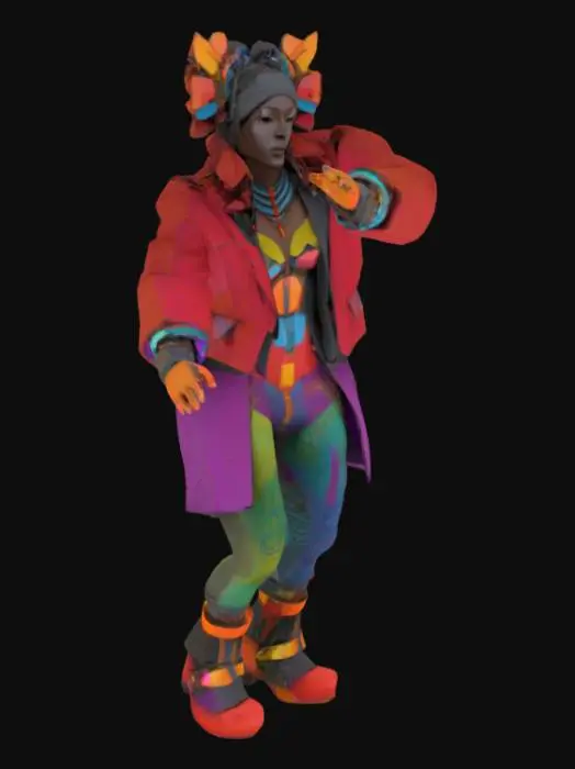3D model for  The Muse Transformer
Description: A shapeshifting figure Standing in a T-pose. whose clothing and form adapt based on nearby art (e.g., becomes more vibrant near color-drenched work, geometric near minimalism).

Style Influence: afrofuturistic Avant-garde fashion + dynamic generative design

Signature Feature: Skin and outfit display animated textures reflecting artistic moods.

Personality: Curious, expressive, playful — acts as a living embodiment of inspiration.

