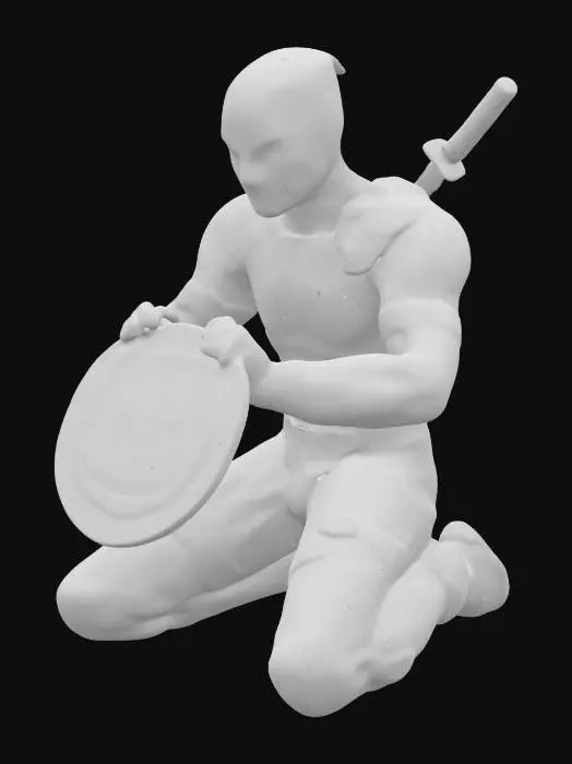 3D model for Deadpool mit zwei Schwertern gekreuzt auf dem Rücken Kniet auf einem Knie und hält ein Schild vor sich in den Händen mit der Aufschrift  "Taskforce"
