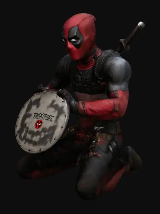 3D model for Deadpool mit zwei Schwertern gekreuzt auf dem Rücken Kniet auf einem Knie und hält ein Schild vor sich in den Händen mit der Aufschrift  "Taskforce"
