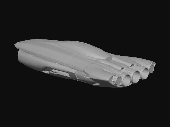 3D model for Small sci-fi merchant spaceship, light freighter class, sleek aerodynamic fuselage, futuristic design, integrated cargo hold for 20 tons, elegant curves, glowing blue ion thrusters, metallic silver and matte white finish, high-tech aesthetics, highly detailed paneling, 8k resolution, blender 3d style, game ready asset.