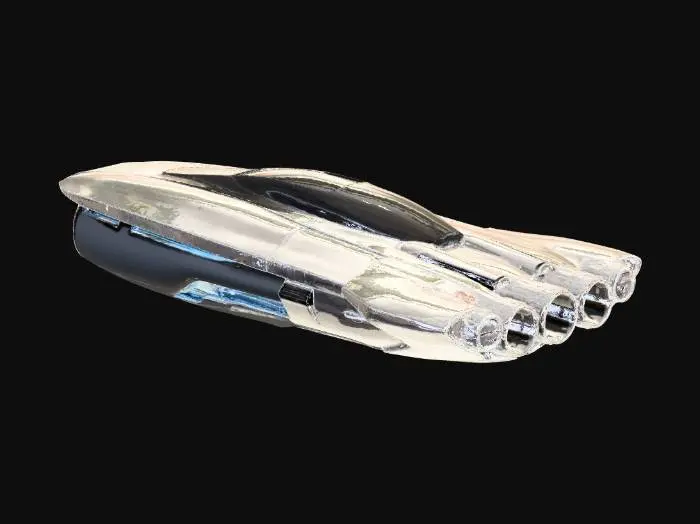 3D model for Small sci-fi merchant spaceship, light freighter class, sleek aerodynamic fuselage, futuristic design, integrated cargo hold for 20 tons, elegant curves, glowing blue ion thrusters, metallic silver and matte white finish, high-tech aesthetics, highly detailed paneling, 8k resolution, blender 3d style, game ready asset.