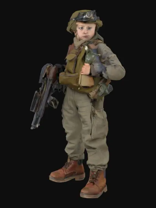 3D model for petit soldat avec des habilles et armé d'un gros pistolet avec des chaussures plus sac a dot et dans le sac a dot un masque a gaz 