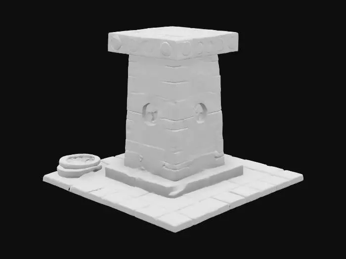 3D model for T-shaped stone pillar, Inca-style, carved from volcanic rock with geometric engravings and condor symbols. At the top, grooves hold rotating stone discs as pulleys for a cargo lift system. Wide, reinforced base with moss and slight cracks. A robust design, blending primitive engineering with mysticism, ideal for supporting cable transport.