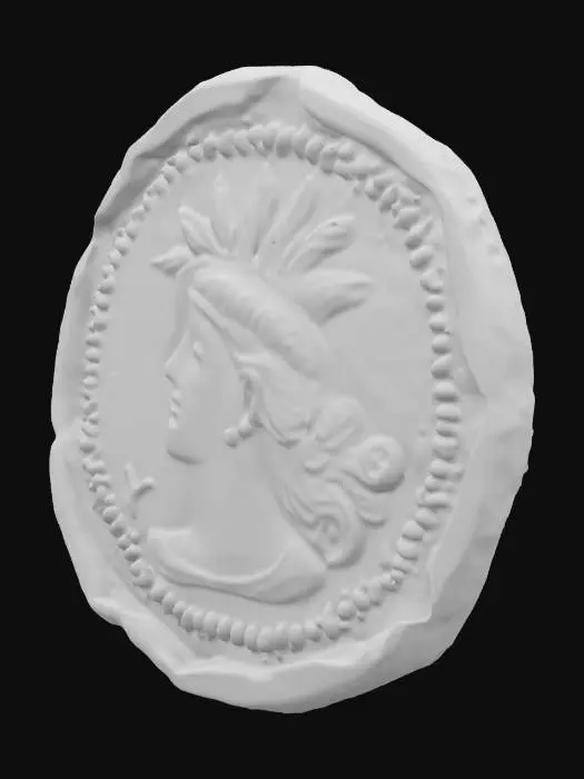 3D model for [Lebanon] An ancient bronze coin with a slightly uneven circular edge, engraved with a stylized palm tree on one side and a serene female face (Tanit) wearing a wreath on the other. #AroundTheWorld#, 