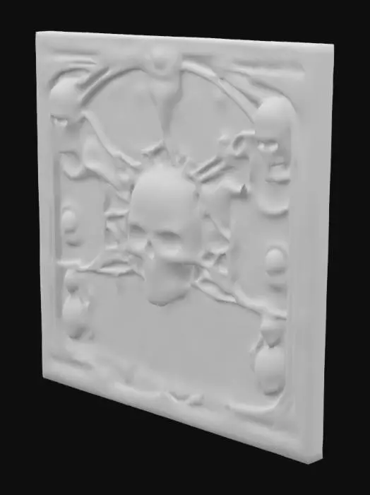 3D model for dark fantasy forest ruined stone wall fresco relief depicting a carving of a dark dystopian monument featuring   black stone adorned with tortured soul carvings and skull motifs. The central glows with bioluminescent green and red accents, illuminating Gothic verses. The stone appears cracked and pulsates faintly, exuding eerie green light, A carving of an aged skull of molten gold prominently in its center