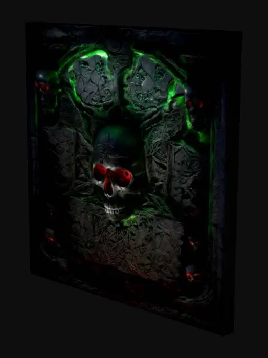 3D model for dark fantasy forest ruined stone wall fresco relief depicting a carving of a dark dystopian monument featuring   black stone adorned with tortured soul carvings and skull motifs. The central glows with bioluminescent green and red accents, illuminating Gothic verses. The stone appears cracked and pulsates faintly, exuding eerie green light, A carving of an aged skull of molten gold prominently in its center
