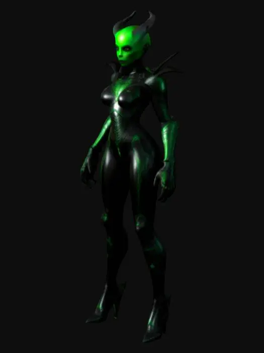 3D model for A beautiful African American Nosferatu female, in a sleek, armored suit with a smooth, glossy texture, featuring bold black and electric green colors with metallic accents and a glowing skull emblem on the chest., 