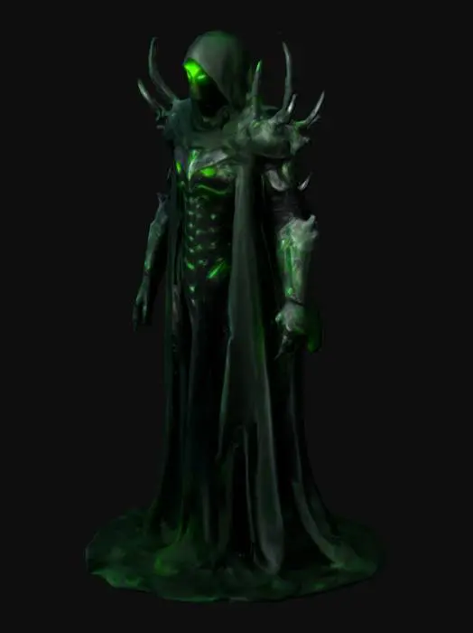 3D model for fantasy floating wraith, body is wrapped in a black and electric green armored ghost robes , spiked arms with claws, in attack, extremely details, high resolution texture, epic stance. Glowing eyes, metallic accents throughout. Radiating ghostly eminence.