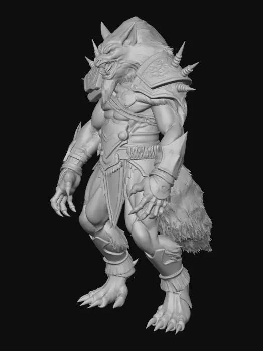 3D model for a creature that resembles a werewolf or a fantasy warrior. It has a muscular humanoid body with fur covering its skin, predominantly in shades of brown. The creature's face is fierce and animalistic, with pointed ears and sharp teeth. It is wearing a suit of armor that appears to be made of leather and metal, with intricate designs and spikes.