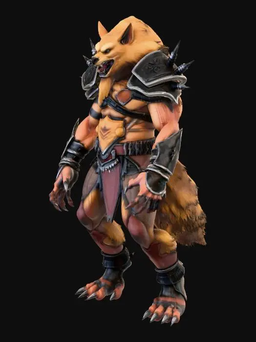 3D model for a creature that resembles a werewolf or a fantasy warrior. It has a muscular humanoid body with fur covering its skin, predominantly in shades of brown. The creature's face is fierce and animalistic, with pointed ears and sharp teeth. It is wearing a suit of armor that appears to be made of leather and metal, with intricate designs and spikes.
