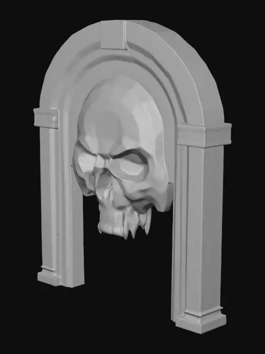 3D model for dark fantasy forest ruined stone wall fresco relief depicting a carving of a dark dystopian monument featuring   black stone adorned with tortured soul carvings and skull motifs. The central glows with bioluminescent green and red accents, illuminating Gothic verses. The stone appears cracked and pulsates faintly, exuding eerie green light, A carving of an aged skull of molten gold prominently in its center