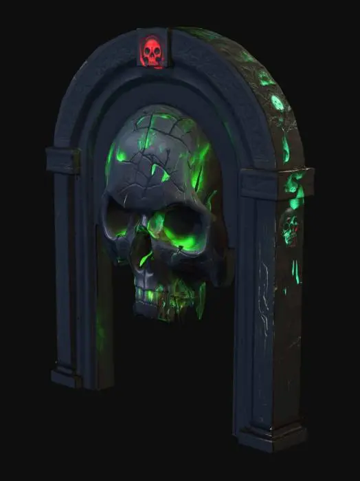 3D model for dark fantasy forest ruined stone wall fresco relief depicting a carving of a dark dystopian monument featuring   black stone adorned with tortured soul carvings and skull motifs. The central glows with bioluminescent green and red accents, illuminating Gothic verses. The stone appears cracked and pulsates faintly, exuding eerie green light, A carving of an aged skull of molten gold prominently in its center