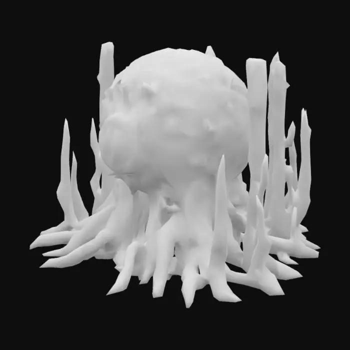 3D model for  a dark, eldritch horror aesthetic. It features a central eye-like structure, glowing ominously in orange and red tones, surrounded by organic, web-like tendrils. These tendrils seem to be connecting large, ominous pillars that have a rough texture, resembling ancient stone or bone, and are wrapped in black and dark purple growths. The ground appears to be covered in a dark, oozing substance, adding to the eerie atmosphere.

It gives off a very Lovecraftian or dark fantasy vibe, 