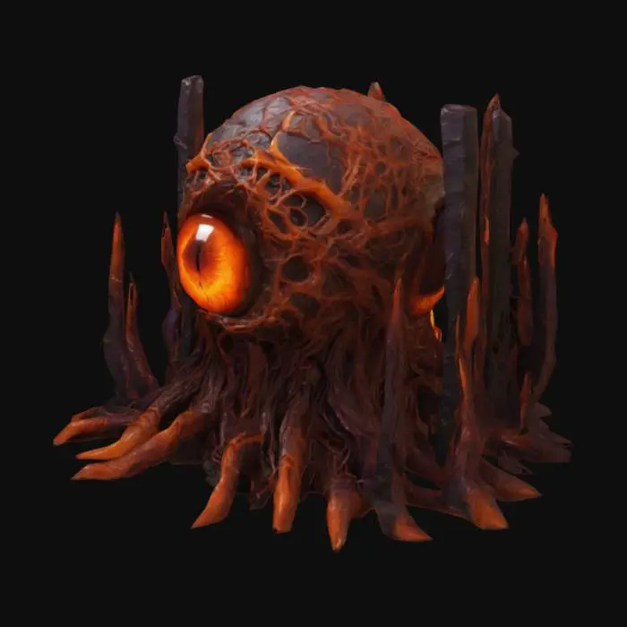 3D model for  a dark, eldritch horror aesthetic. It features a central eye-like structure, glowing ominously in orange and red tones, surrounded by organic, web-like tendrils. These tendrils seem to be connecting large, ominous pillars that have a rough texture, resembling ancient stone or bone, and are wrapped in black and dark purple growths. The ground appears to be covered in a dark, oozing substance, adding to the eerie atmosphere.

It gives off a very Lovecraftian or dark fantasy vibe, 