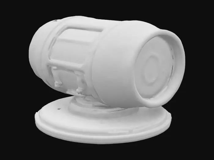 3D model for This sci-fi model has a sleek, matte metal body with rounded edges and intricate details like screw holes. A semi-spherical top with a glowing grid and blue LEDs adds futurism. The front panel features a screen with a tech interface. The interior reveals gears, circuits, and fluid-filled tubes. The circular metal base provides stability with engraved motifs. This model combines functionality with aesthetic appeal.