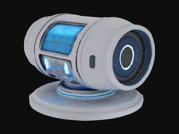 3D model for This sci-fi model has a sleek, matte metal body with rounded edges and intricate details like screw holes. A semi-spherical top with a glowing grid and blue LEDs adds futurism. The front panel features a screen with a tech interface. The interior reveals gears, circuits, and fluid-filled tubes. The circular metal base provides stability with engraved motifs. This model combines functionality with aesthetic appeal.