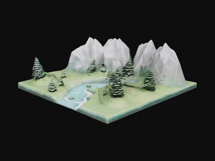 3D model for This model represents a mountainous landscape. The mountains are made of foam and plaster with realistic textures. The valleys have small streams with clear water. The model includes trees and plants made of resin and wire. The attention to detail captures the beauty of nature in miniature form.