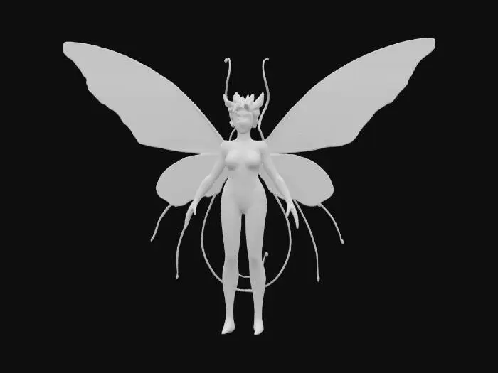 3D model for Luminara Vesperaeth: An 8ft celestial moth-faerie with dual-layered wings (opal fractals above/galactic nebulae below). Translucent skin glows with constellations that erupt into supernovae when enraged. Aurora-emitting antennae and light-harvesting wing filaments create a stardust halo.