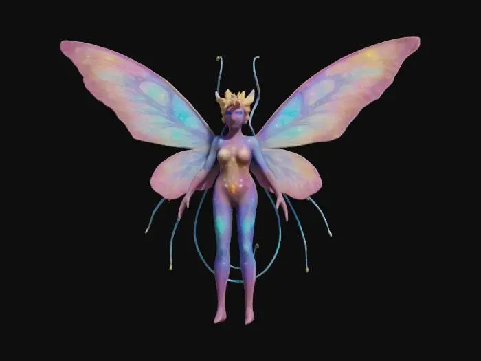 3D model for Luminara Vesperaeth: An 8ft celestial moth-faerie with dual-layered wings (opal fractals above/galactic nebulae below). Translucent skin glows with constellations that erupt into supernovae when enraged. Aurora-emitting antennae and light-harvesting wing filaments create a stardust halo.