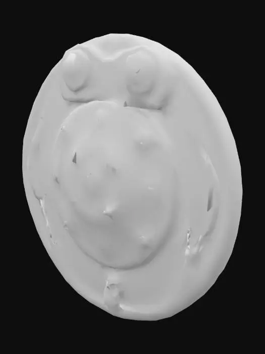 3D model for This cartoon frog pirate's shield is shaped like a giant lily pad with a shiny metal boss in the center. The rim is decorated with seaweed and tiny shells, and there are cartoonish frog footprints around the edge. It's made of wood with a painted surface and has a leather strap attached for the frog pirate to grip firmly.