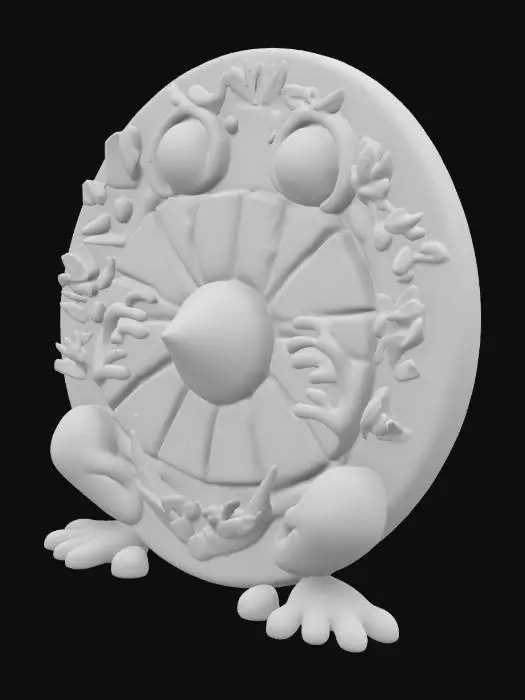 3D model for This cartoon frog pirate's shield is a wooden lily pad shape with a metal center, decorated with frog footprints and seaweed.