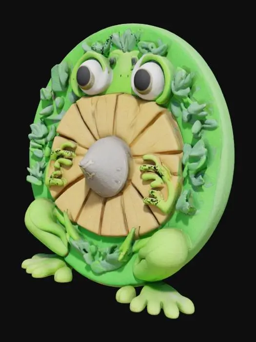 3D model for This cartoon frog pirate's shield is a wooden lily pad shape with a metal center, decorated with frog footprints and seaweed.