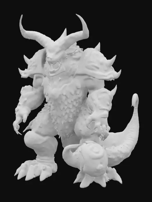 3D model for This creature is massive with rugged armor plating. Its head has prominent, menacing horns and glowing red eyes. The body is covered in dark, volcanic rocks and sharp spikes. Massive limbs end in thick, crushing claws. A powerful tail with a venomous stinger adds to its threat. This creature radiates an aura of danger.