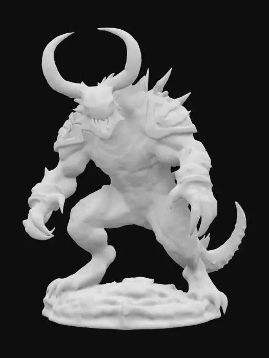 3D model for This creature is massive with rugged armor plating. Its head has prominent, menacing horns and glowing red eyes. The body is covered in dark, volcanic rocks and sharp spikes. Massive limbs end in thick, crushing claws. A powerful tail with a venomous stinger adds to its threat. This creature radiates an aura of danger.