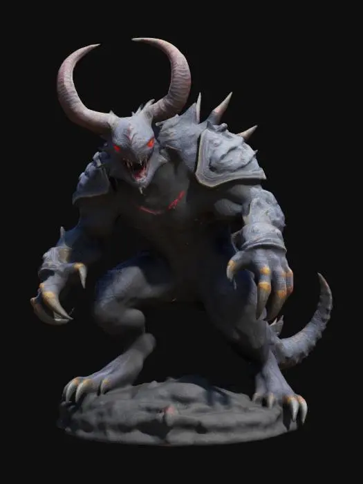 3D model for This creature is massive with rugged armor plating. Its head has prominent, menacing horns and glowing red eyes. The body is covered in dark, volcanic rocks and sharp spikes. Massive limbs end in thick, crushing claws. A powerful tail with a venomous stinger adds to its threat. This creature radiates an aura of danger.